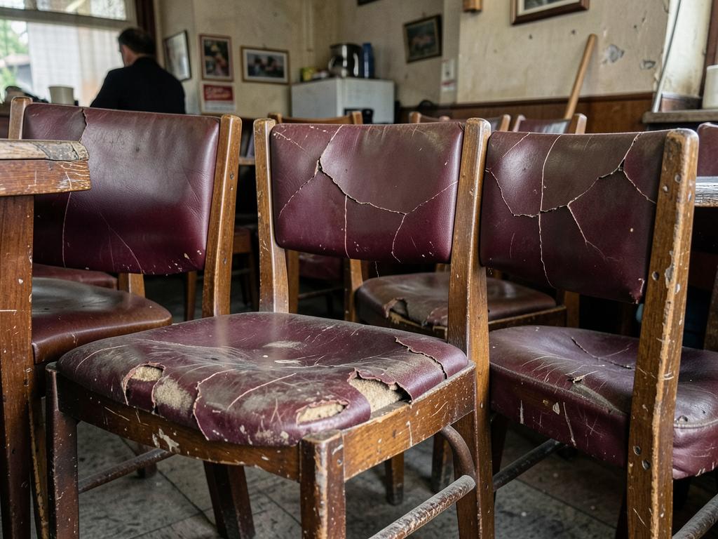 Worn restaurant dining chairs with torn seat pads before reupholstery in Birmingham
